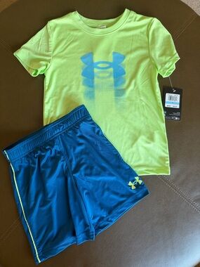 Under Armour Neon Lime Tee with Blue Athletic Shorts